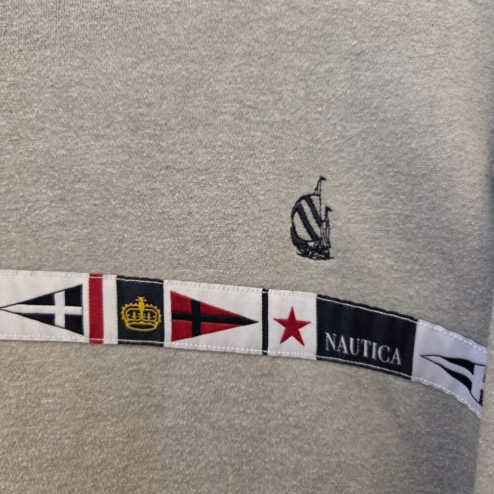 Nautica Mens Grey Sailing Flag Tape Crewneck Sweatshirt Sz XL Retro Preppy